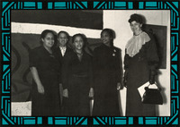 Four teachers smile in a three-quarter view. Eleanor Roosevelt is taller and holds a purse and a sheet of paper next to Gwendolyn Bennett, Louise Jefferson, Sara West, and Augusta Savage.
