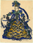 Costume design of the ornate gold and blue gown to be worn by Princess Turandot.