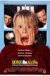 A film poster for the film Home Alone, of a young blonde boy in a red sweater (Macaulay Culkin) holding his hands to his face, yelling, with two men in black learing over his shoulders and the tag line "But don't worry. He Cooks. He Cleans. He kicks some butt" above the movie title and the line "A family comedy without the family" underneath the movie title.