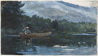 A watercolor painting of a solo canoeist fishing.