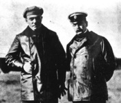 Russian aviators Mikhail Efimov (left) and Lev Matsievich (right) in 1910.