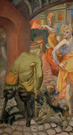 The left panel of the painting Metropolis, depicting working-class prostitutes sauntering away from the viewer under a brick and metal bridge and past a wounded war veteran on a cobblestone road. The prostitutes are wearing brightly colored dresses, while the veteran wears a faint green outfit with peg legs and crutches. A crazed dog barks at the veteran and a faint figure shows behind the brick underpass of the bridge.