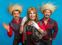 Felion and Fernós are bearded and wear red plaid shirts and Puerto Rican straw hats. Lola von Miramar is in drag, wearing white gloves.