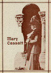 Cassatt, in profile, stands in front of two columns and doorway. She wears an extravagant hat a foot high, a floor-length skirt, and a fur stole. She holds an umbrella.