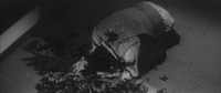 High angle view of a section of the apartment floor, captured askew at a 45° angle to the frame. Center, a pathetic Hanada kneels prostrate over a pile of dead butterflies that he has gathered, which he tosses up and over his head while pining for Misako.