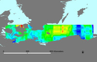 Cost surface based on wind velocity generated by the ArcView 3.1 least cost path routine. Lightest is lowest cost and darkest is highest cost.