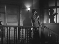 The Femme Fatale as Cinematic Shadow: outside her door, the protagonist gazes into the window of Shiraki Mari’s apartment as she strips, yet her body appears as only a deep black, perfectly rendered shadow.