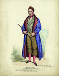 A full-length portrait of the actor George Hill as the character Major Wheeler in a play called New Notions. He wears a purple lounge coat, a striped vest, checkered pantaloons, red socks, and a red neck tie.