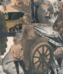 Detail of photo collage featuring Orientalist dancer Sent M’Ahesa in Middle Eastern costume montaged with military leader Friedrich von Hindenburg. The dancer body features a cutout head of a historical figure atop a wheel. Another larger face is imposed behind the scene. Other pieces of magazine cuttings layer into the detail shot, such as other people’s faces and legs.