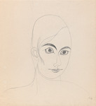 Simple portrait pen drawing portraying Fritzi Massary, a leading star of the Berlin operetta stage. Compared to Negroid Beauty and Chinese Beauty, this portrait is more caricatured with slightly more asymmetrical features—notably the eyes, lips, and nose. The drawing ends at her shoulders, which are only lightly drawn. She is the only figure on the page.