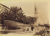 Old sepia photograph depicting Boat-­Cistern in Zanzibar Stone Town with people walking beside it.