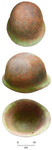 Three photographs showing different views of metal helmet.