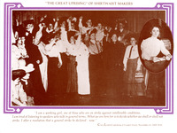 Crowd of women workers at a mass meeting to call for a general strike, arms raised in affirmation. Inset photo of Lemlich. See Resources for quote on front.