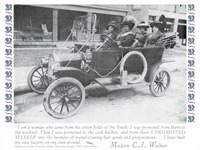 Walker and three assistants in an open Model T touring car driving down a street. All four wear elegant suits and wide-brimmed hats. See Resources for quote on front and names.