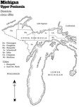 Part one of a two-page map, with the first half showing the counties and two major cities in the Upper Peninsula of Michigan circa 1860