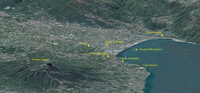 View of the Bay of Naples, showing the Roman cities and sites. The volcanic layer of Somma Vesuviano is at the left.