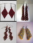 Figure 19. Four different handmade beaded earrings by Sandra María Esteves. On the top left are black and red diamond-shaped earrings. On the top right are dangling earrings with black and white lines. The earrings on the bottom right are shaped like lightning bolts and made of black, red, and white beads. On the bottom right are blue and yellow dangling earrings.