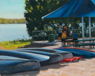 An oil painting of several synthetic canoes lined up along the water.