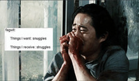 A “text-post meme” where a user has posted a media image of a character from The Walking Dead superimposed with another user’s written text