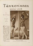 A page from a German magazine of dancer Vera Skoronel, looking at herself in a mirror as she checks her pose: arms above her head and holding instrumental objects, legs crossed as she stands next to a bass drum and wears a short dress with a belt. She also is wearing a bowler hat with a ribbon atop short hair and heeled shoes. She leans slightly toward the mirror. Around the photograph is a block of German editorial text.