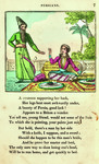 A man and a woman from Persia in their regional costumes. The man wears a long green tunic and has a long dark beard. The woman, who sits cross-legged, wears red and white striped salvar.