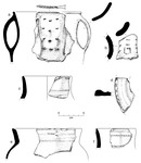 Six sketches and diagrams (a-f) of coarse/cooking ware with decorations on the surface.