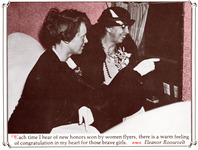 Sitting together on a private plane looking out a curtained window, Roosevelt in a brimmed hat with a feather, a large corsage, and a big smile and Earhart in a tailored jacket.