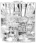 Figure 5. Cover page of Notes of Neorican Seminar . A slice-of-life cartoon illustration set in an urban landscape depicts residents speaking in Spanglish. A child holding a bat hollers: “Hey Johni, bamos a la yarda a jugal.” An adult daughter smoking a cigarette yells from the window, “Hey pops, el landlord esta en el rufo esperando que tu llegues de la marqueta pa’ cobrarte el bill (Hey pops, the landlord is on the roof waiting for you to come back from the market to charge you for the bill)” and a friend asks to borrow money “Hey bro, pana. ¿Como van las cosas? ¿[How’s] the family? Préstame 5 bolos. (Lend me 5 dollars).” A wide-eyed man sits at the edge of the sidewalk, wondering, “Quien @#* am I?? (Who the @#* am I??).”