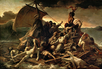 Oil painting depicting a shipwrecked group of people on a makeshift raft, desperately hailing a vessel departing over the horizon.