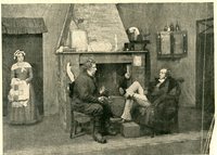 Photograph of Perrybingle and Tackleton sitting before a cozy hearth, center, as Maliutka enters in apron and cap, left.