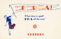 Woman cheerleader dressed in red and blue holds a big flag with ERA slogan. Art deco design. Lighthearted.