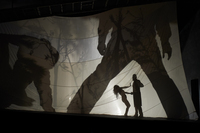A screen shows the shadow of a man holding a woman by the hand as she pulls away. They are surrounded by over-­sized shadows of other men.