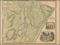 1863 map of Woodlawn Cemetery in the Bronx, including illustrations in the lower-­right corner of the receiving tomb and entrance lodge.