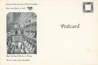 Prison image on left with Stone Walls poem. On right, the word “Postcard” and a decorative square designating the place for the stamp.