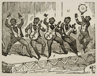 An illustration of five male performers on stage in suits with exaggerated, racialized features playing various instruments.