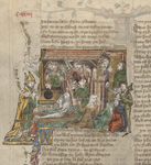 Photograph of an illuminated manuscript page with an illustration showing a child being put in a latrine while several figures watch.