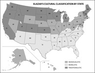 A map of the United States that shows which states are individualistic, moralistic, or traditionalistic political culture.