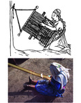 A Colonial drawing and a photo of a woman weaving on a backstrap loom. The drawing shows a woman weaving. Her chumpi, or backstrap, bears a diamond pattern. The photo shows a woman at Cerro Azul weaving a belt on her backstrap loom.