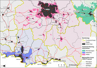 Cities’ urban footprints in black, functional economic areas with yellow boundaries, metropolitan planning instrument areas in dark colors, and metropolitan governance arrangement proposed by CNDU in lighter colors.