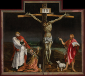 The color photograph depicts the central panel of the Crucifixion scene from Matthias Grünewald’s Isenheim Altarpiece (1512-1516). The emaciated and distorted body of Christ is splayed on the cross, his hands writhing in agony, his body covered with sores and riddled with thorns. At Christ’s right, his mother, the Virgin Mary, swoons into the arms of the St. John the Evangelist while Mary Magdalene kneels with hands clasped in prayer. On the opposite side, John the Baptist, accompanied by a lamb, gestures towards the suffering body while holding a scroll.
