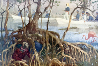A color illustration of a military unit using canoes in the Seminole War.
