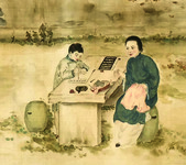 This watercolor painting is a mixture of Chinese and Western styles. In the center is a square stone desk with one drum-­like seat on each side. A mother sits on the right side, while a child stands on the left. The child, with cropped hair and in a long robe, holds a calligraphic brush in his right hand, practicing on a piece of paper with great concentration. The gently smiling mother in a blue robe with white skirt, her hair gathered into a knot at the nape of her neck, is sewing a piece of pink silk, but her gaze is on the child. The desk displays a sewing kit by the mother’s side and calligraphy paraphernalia by the child’s. The background is a courtyard in autumn. The atmosphere is more nostalgic than sorrowful.