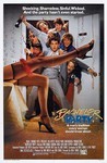 A film poster for the film Bachelor Party, showing a group of seven men coming through a door overflowing with streamers, carrying beer and champagne, who see a woman's leg in fishnet tights, a red garter, and black heels with the tag line "Shocking. Shameless. Sinful. Wicked. And the party hasn't even started." Underneath the title of the film is the additional tag line, "A man's tradition every woman should know about."
