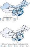 The two maps illustrate the geographical distribution of the sample firms (in numbers) and their differences (in percentages) from the census data.