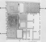 Figure A12.a Ostia, III, ix, 12 and III, ix, 21, Insula delle Pareti Gialle and Insula del Graffito, plan with mosaics drawn in and rooms lettered.