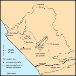 A map showing the approximate limits of the señorío of Huarco in the lower Cañete Valley of Peru, and the site of Cerro Azul.