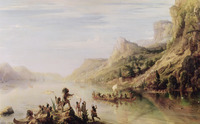 An oil painting of Cartier and crew on canoes in the water; larger ships are in the background.