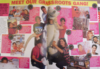 Two page story titled, “Meet Our Grassroots Gang!” from PETA's “Animal Times” magazine. Shows six staff members in casual dress gathered around each other; the center member is dressed in a white rat costume. The story is illustrated with several images of the staff at work, answering phones, sorting mail, etc. as well as several short stories describing a typical day in the office. Text is too small to be legible.