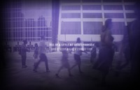 A screen grab from the Six Degrees website with the words "Tell us a little bit about yourself and discover a new connection" written in white letters on top of a blurry, purple image of various people hurrying along a city street.