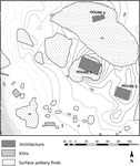 Fig 5: Map of the southern part of Bīr Shawīsh, where they found architecture, kilns and surface pottery in and around 3 mud brick buildings or individual farmsteads identified as houses 2, 3 and 4 at the site.